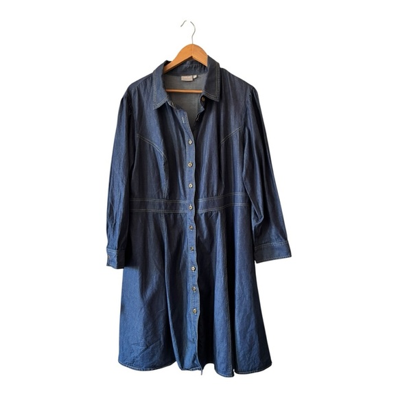 eshakti Dresses & Skirts - eShakti Trapunto Trim Blue Denim Button-Up Dress Long Sleeve Size 2X (20W-22W)